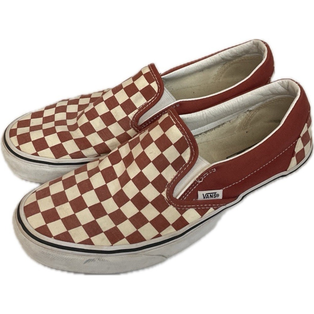 Vans Classic Slip-On Rust Cream Checkerboard Shoes Men's Size 9 EUC